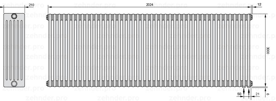 Схема (чертеж) Радиатор Zehnder Charleston 6300/44 №5510 Белый глянцевый RAL 9016